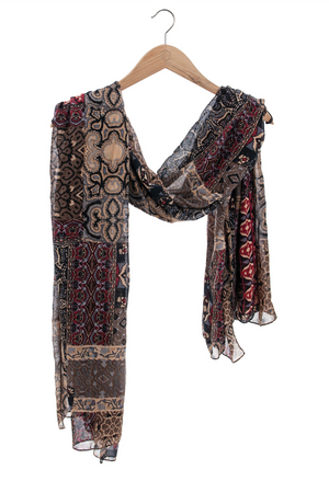 Aventura Patchowork Print Scarf | Black + Grey + Rust