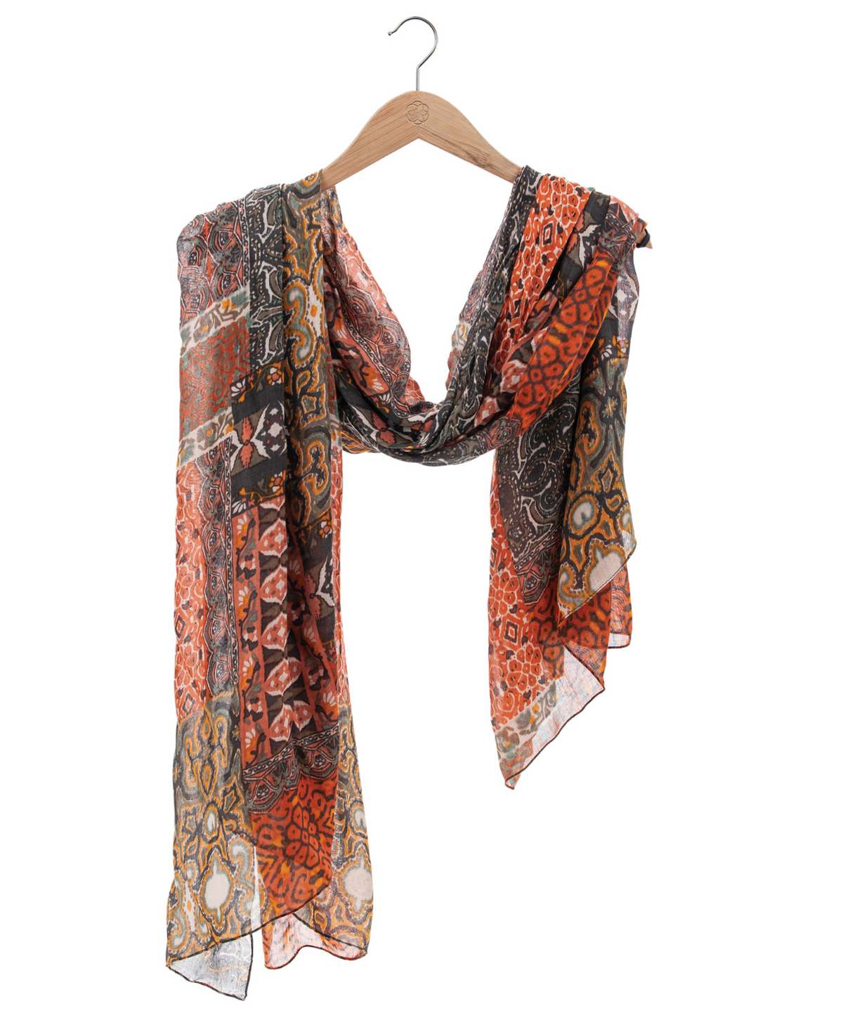 Aventura Patchowork Print Scarf | Black + Grey + Rust