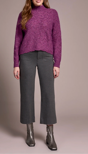 Tribal Mock Neck Puff Sleeve High Low Sweater | Purple