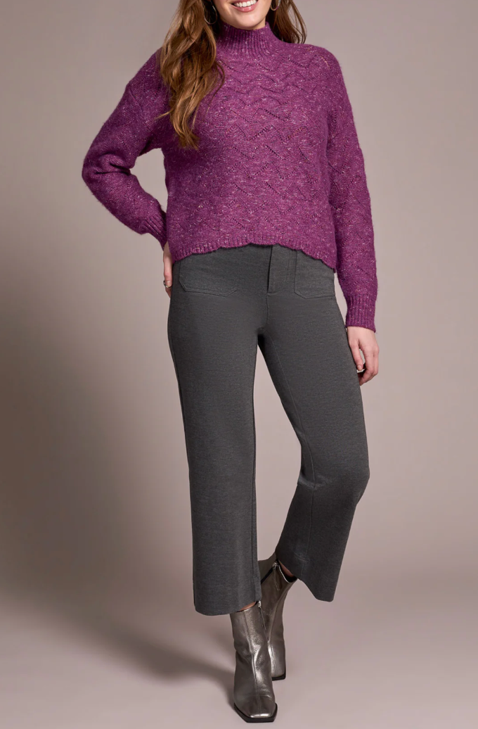 Tribal Mock Neck Puff Sleeve High Low Sweater | Purple