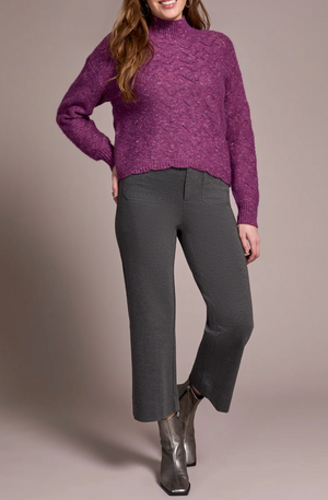 Tribal Mock Neck Puff Sleeve High Low Sweater | Purple