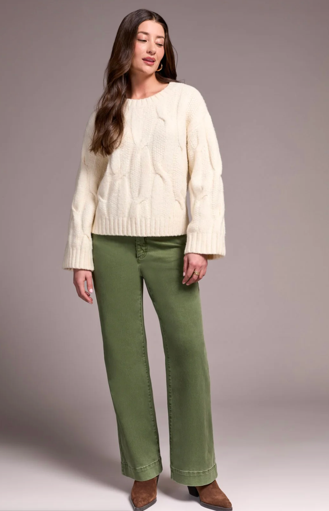 Tribal Crew Neck Loose Fit Cable Sweater | Cream