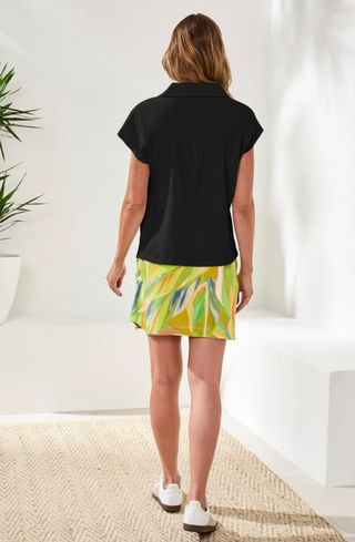 Tribal Cap Sleeve Johnny Collar Top| Aquatic + Black + White