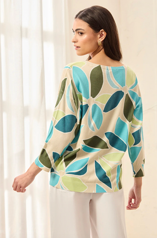 Tribal Soft Yarn Three-Quarter Sweater | Aqua + Turkishsea + Wisteria