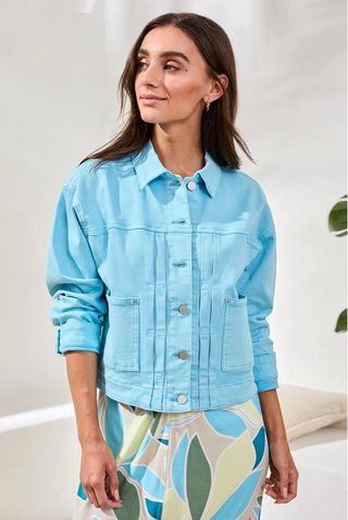 Tribal Comfrot Stretch Denim Jacket | Aqua + White