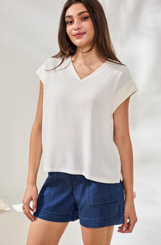 Tribal Soft Drape Cap Sleeve V-Neck | Black + Eggshell