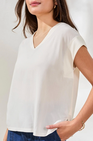 Tribal Soft Drape Cap Sleeve V-Neck | Black + Eggshell