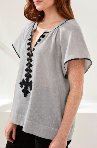 Tribal Flutter Sleeve Embroidered Blouse | Black