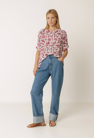 Indi & Cold Floral Blouse | Khaki + Raspberry