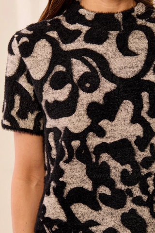 Tribal Eyelash Yarn Short Sleeve Sweater Dress | Black