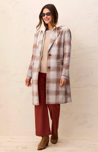 Tribal Plaid Coat with Removable Fooler Hoodie | Cream
