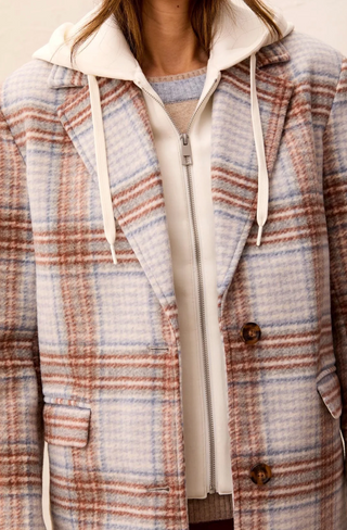 Tribal Plaid Coat with Removable Fooler Hoodie | Cream