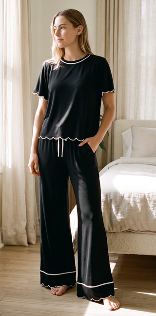 Priv Rosewood Silky PJ Set | Black + Ivory