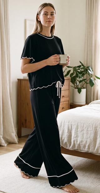 Priv Rosewood Silky PJ Set | Black + Ivory