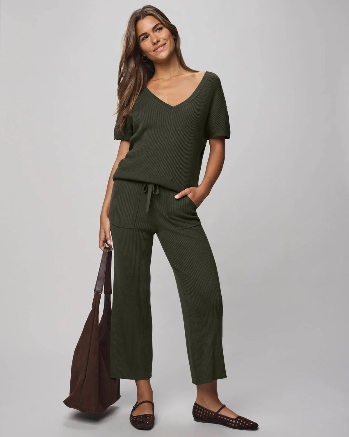 Splendid Georgie V Neck Sweater | Green Spruce