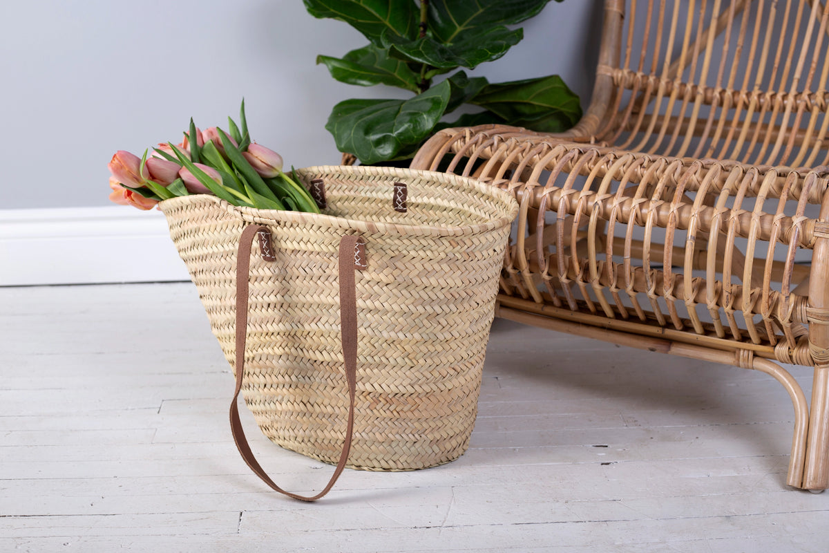 Straw Market Bag With Leather Strap