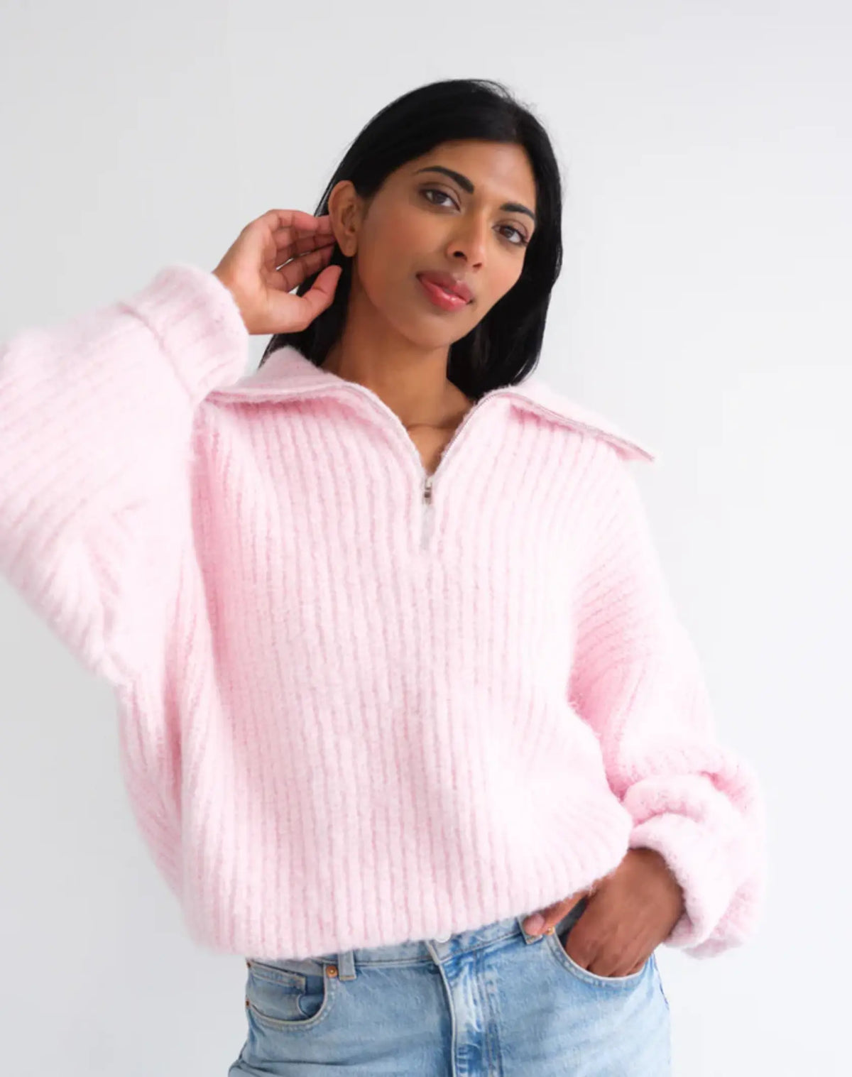 Brunette The Label 1/2 Zip Trucker Neck Sweater | Pink + Black