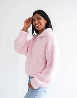 Brunette The Label 1/2 Zip Trucker Neck Sweater | Pink + Black