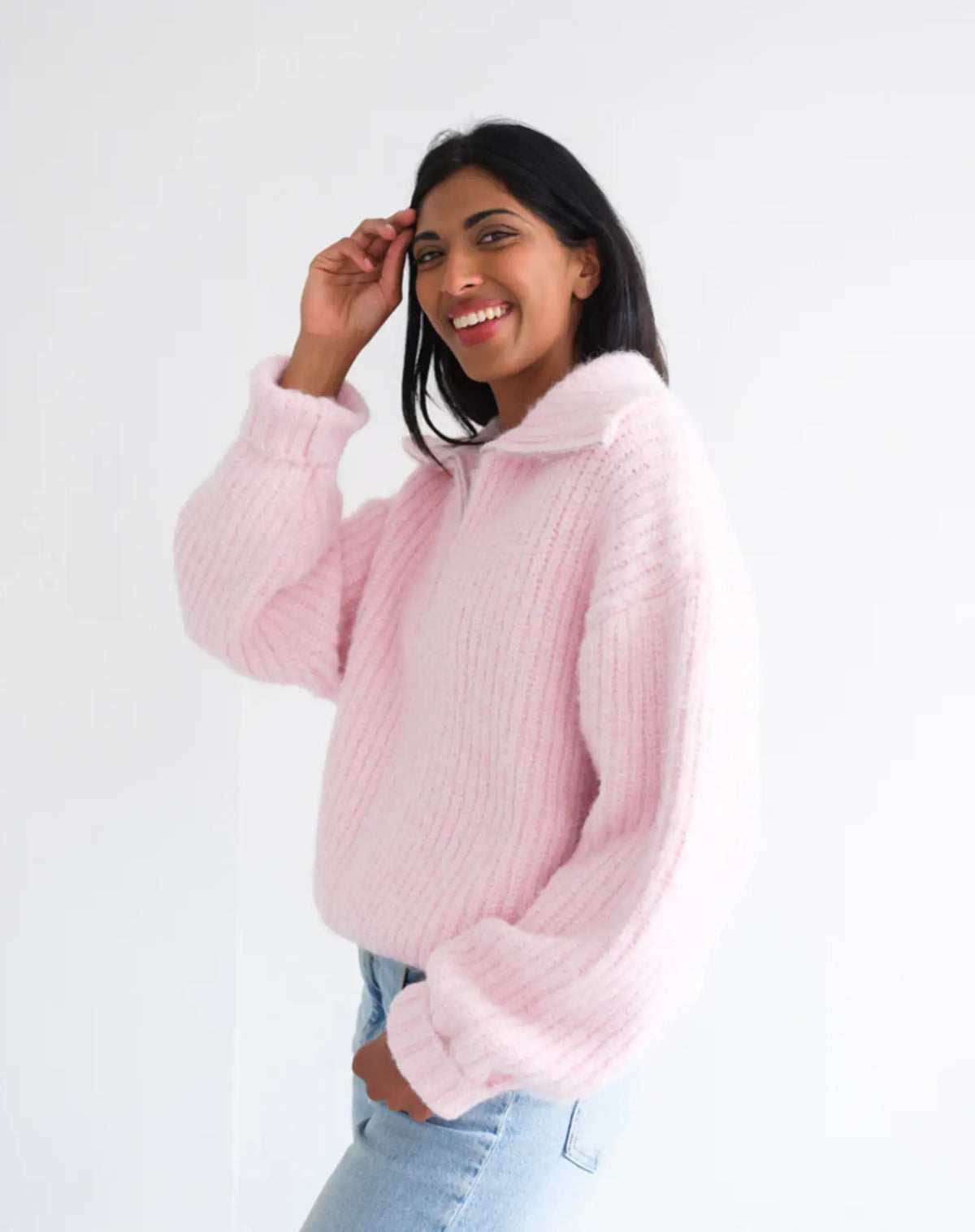 Brunette The Label 1/2 Zip Trucker Neck Sweater | Pink + Black