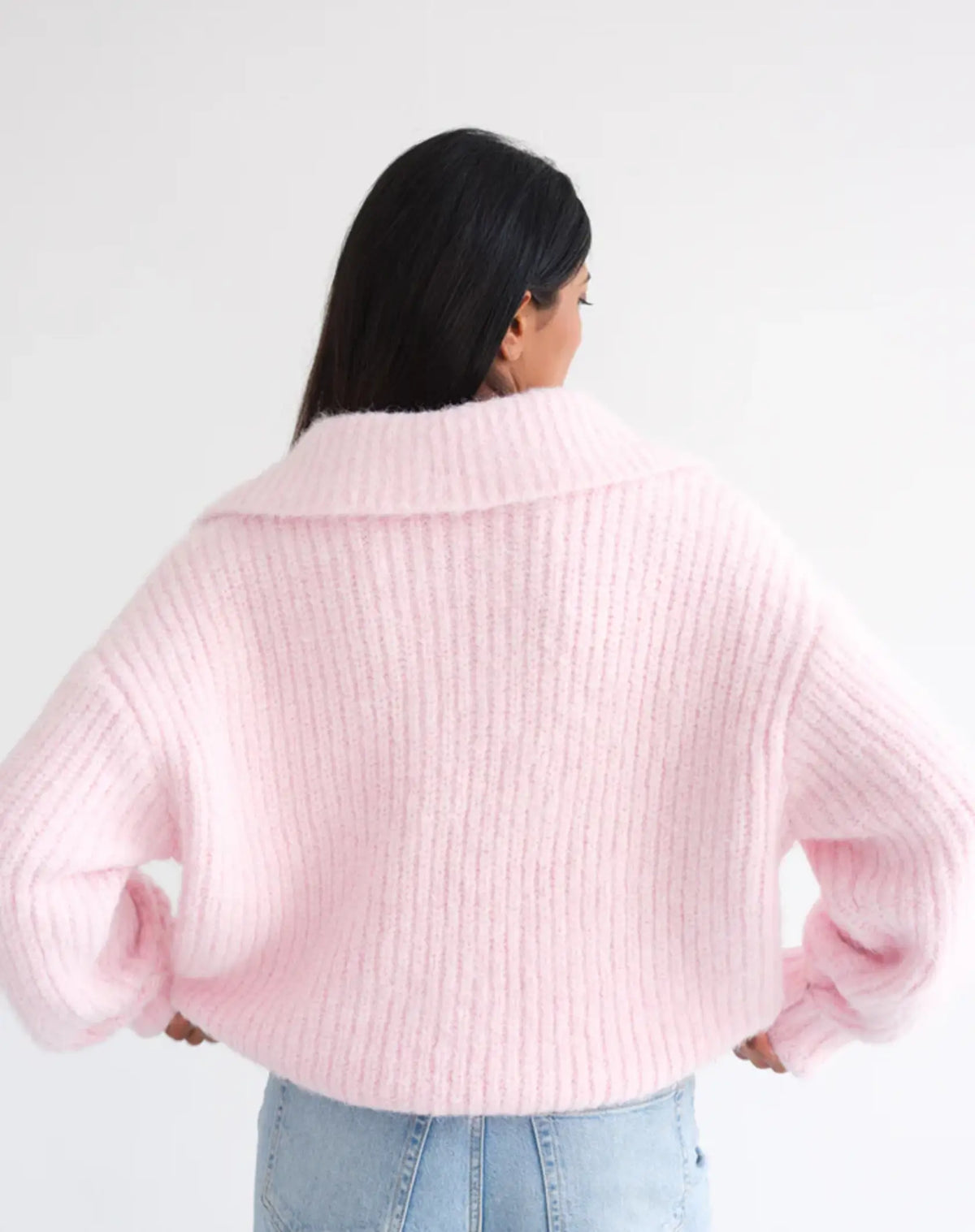 Brunette The Label 1/2 Zip Trucker Neck Sweater | Pink + Black