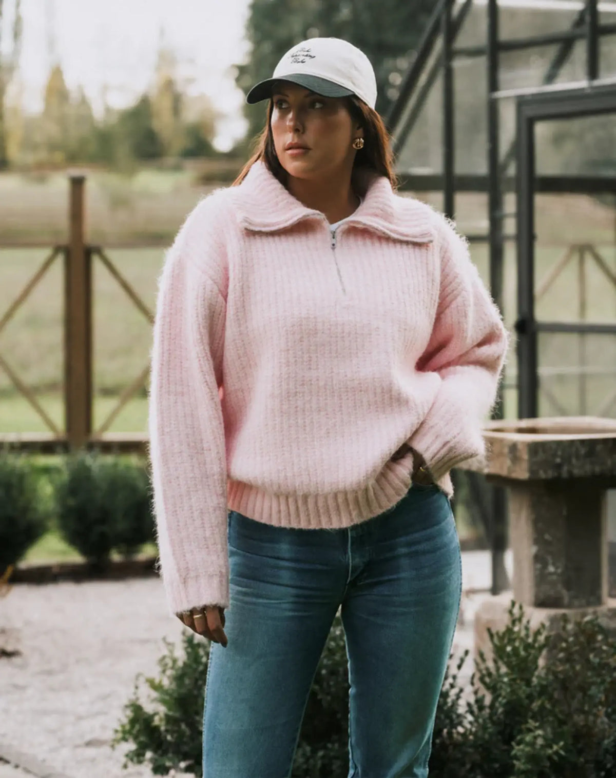 Brunette The Label 1/2 Zip Trucker Neck Sweater | Pink + Black