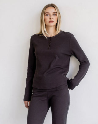 Brunette The Label Waffle Henley Top | Espresso