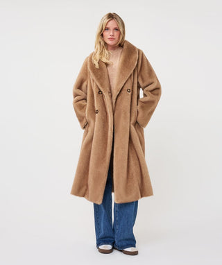 Esqualo Long Fake Fur Coat | Cacao + Sand