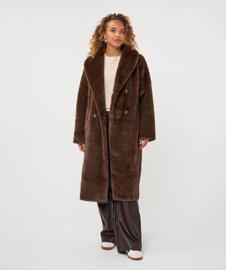 Esqualo Long Fake Fur Coat | Cacao + Sand