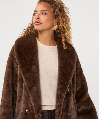 Esqualo Long Fake Fur Coat | Cacao + Sand