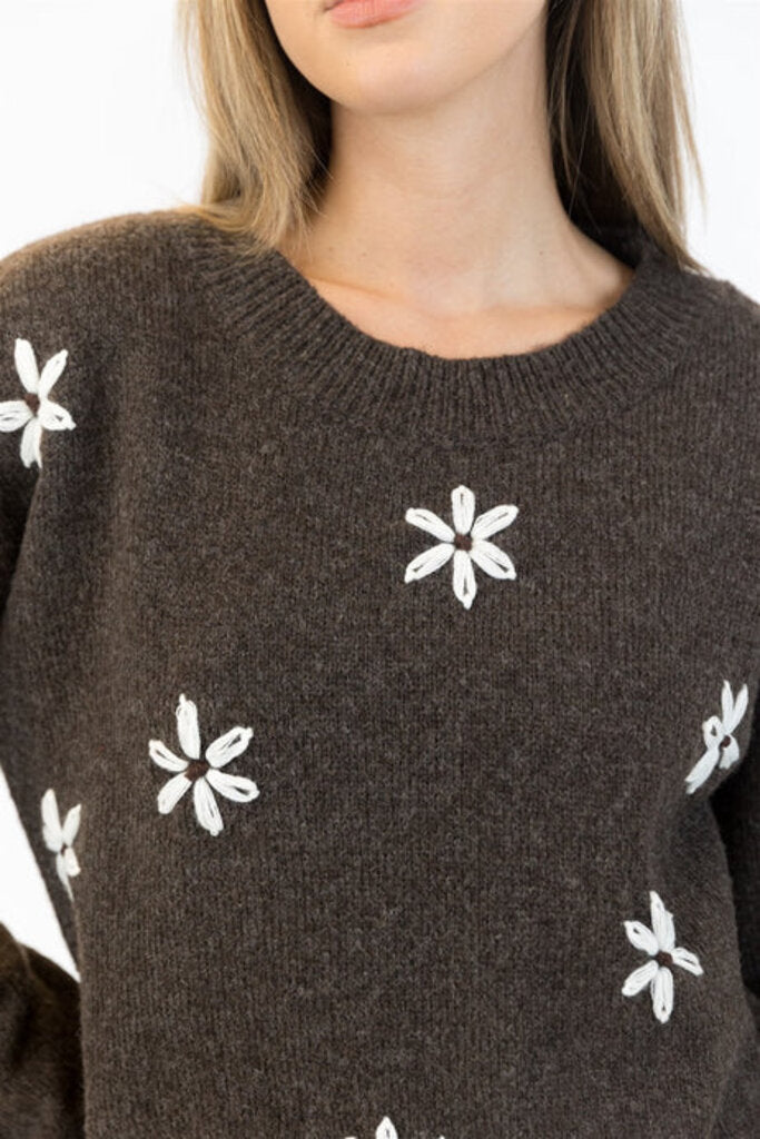 Lyla & Lux Aiden Daisy Crewneck | Dark Brown