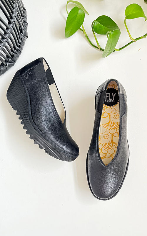 Fly London YOZA Leather Shoe | Black + Ocean
